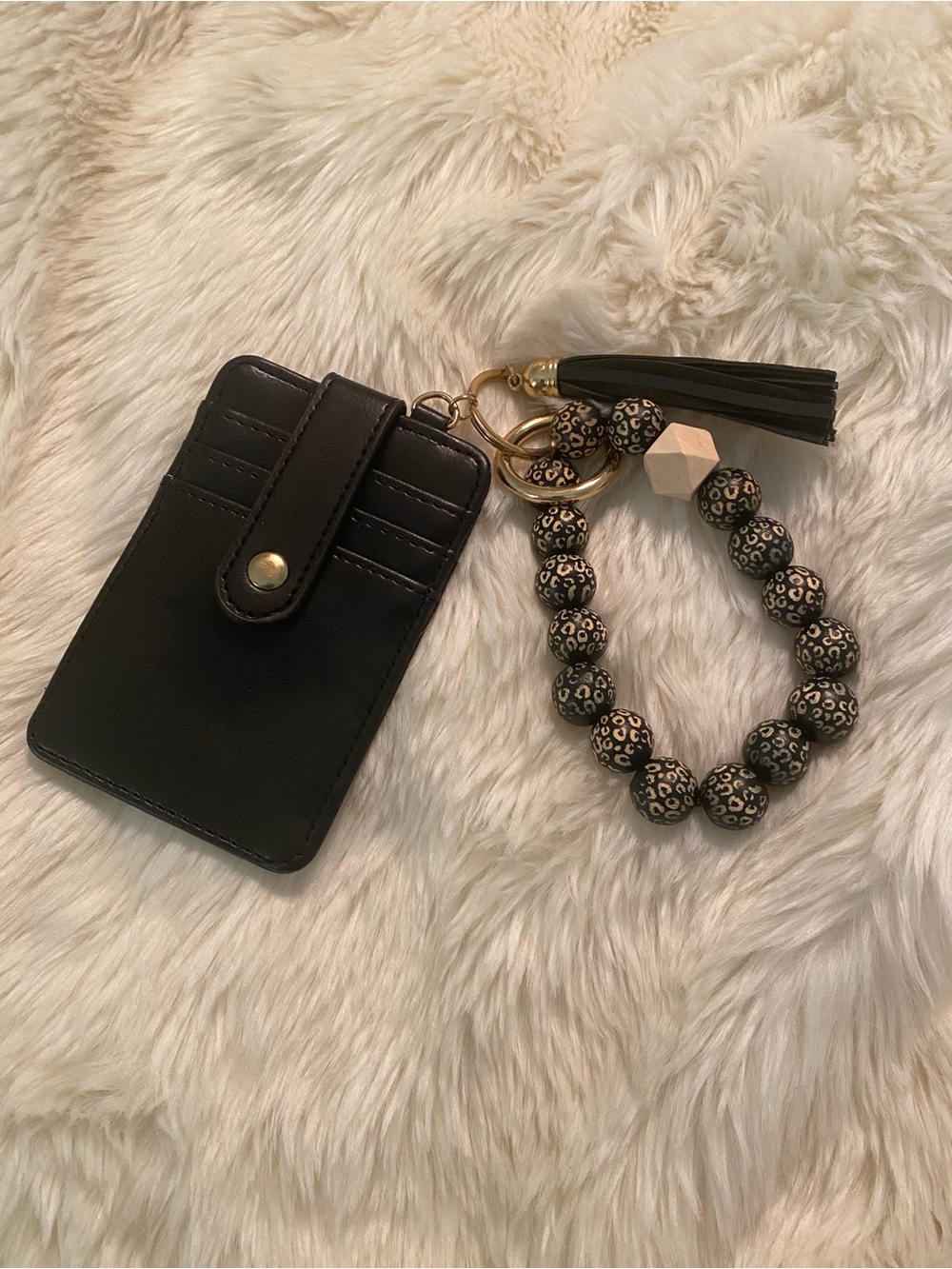 Black Leather Card Holder Wristlet Keychain with Leopard Bead Bracelet